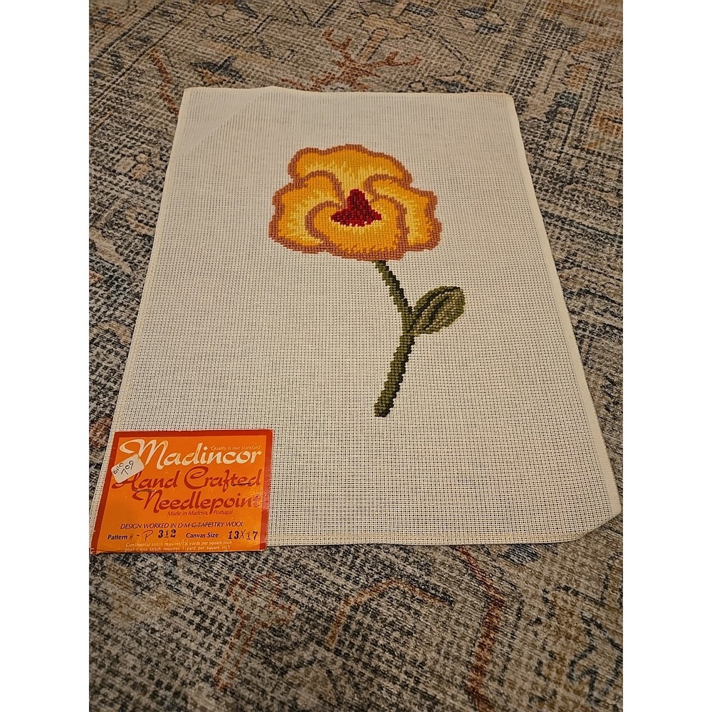 Vintage Madincor Needlepoint Canvas Preworked Floral Folk Art Yellow Poppy P312
